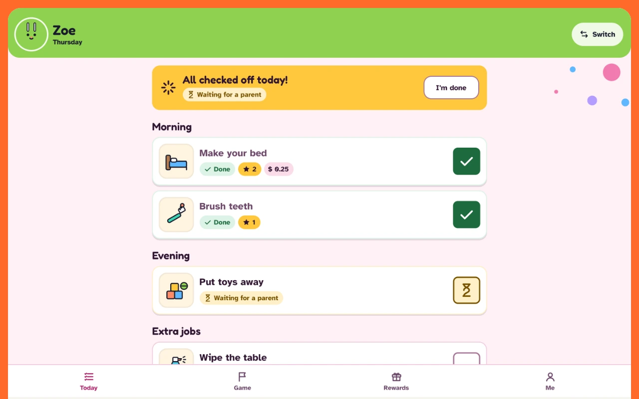 A child's Today screen in ChoreRally: chores with pictures by part of the day, two done and one waiting for a parent