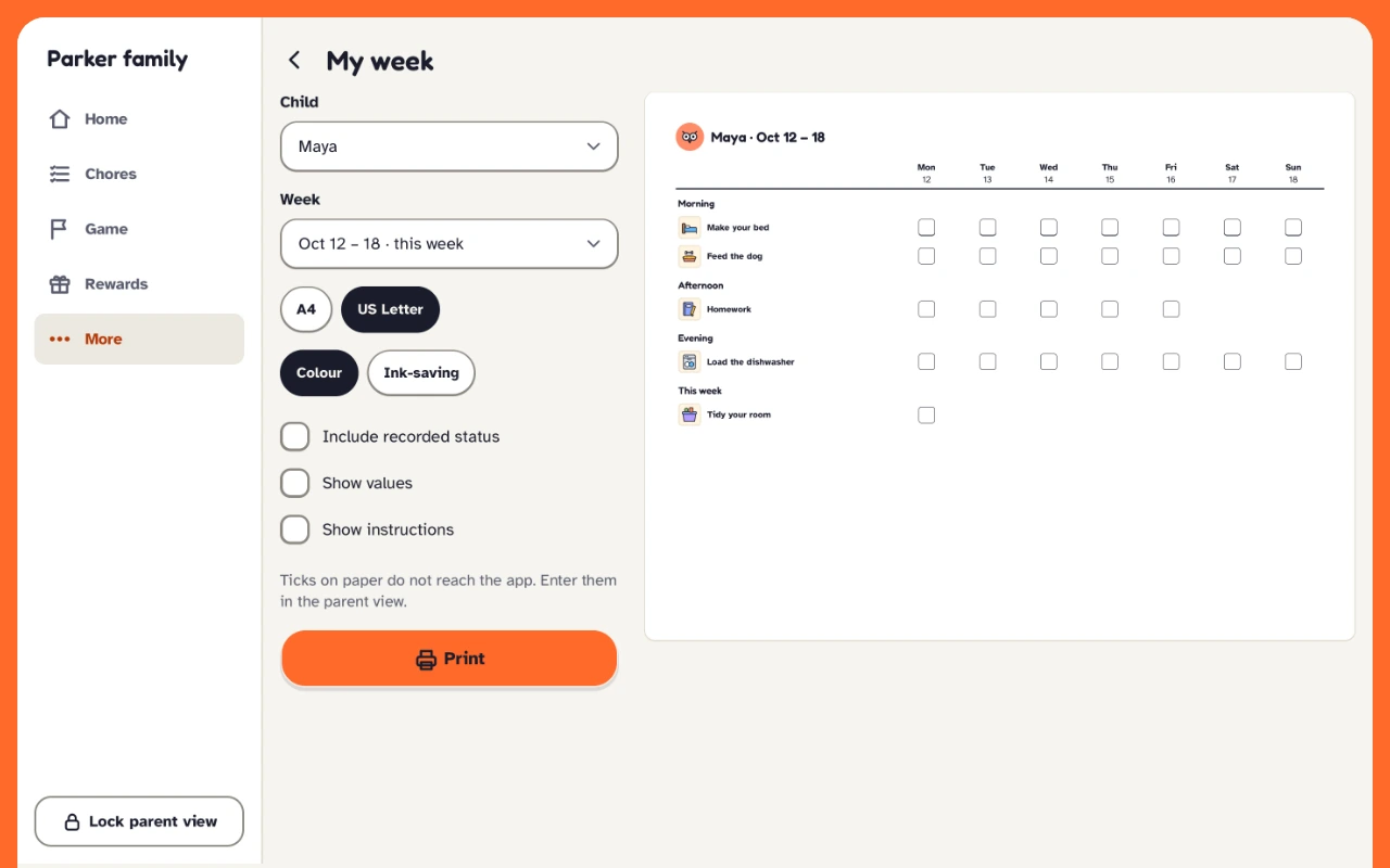Printing a weekly chore chart in ChoreRally: the child, the week, A4 or US Letter, and the page as it prints